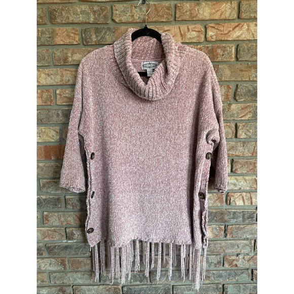 Oliver Oversized Chunky Knit Turtle Neck Sweater Rose Pink Size S Button Fringe - Picture 1 of 4